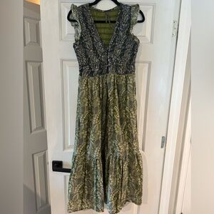 NWOT Anthropologie Green and Black Paisley Maxi Dress